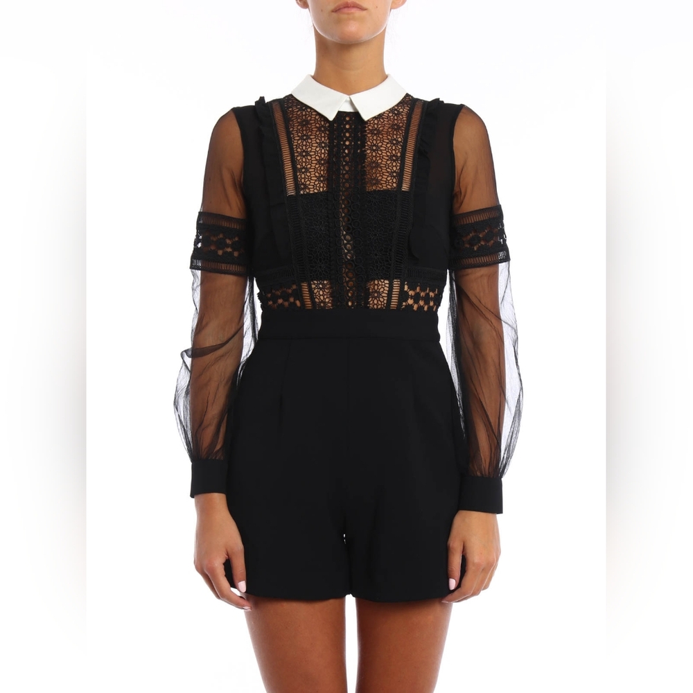 Self Portrait Black Sheer Lace Romper with White Collar